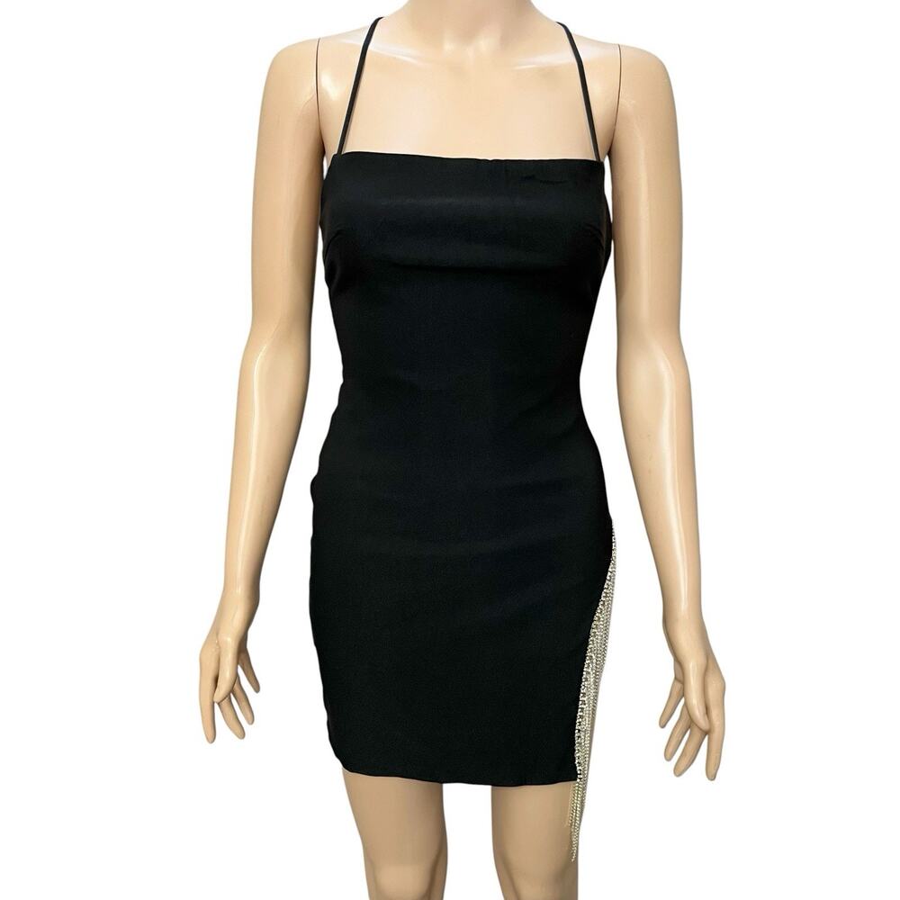 White Fox Come Back Mini Dress Small Rhinestone Fringe Bodycon Club Party Slit - Picture 2 of 11